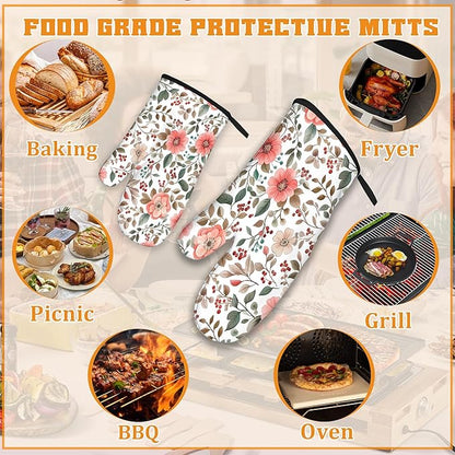 Pink Poppy Floral Oven Mitts and Pot Holders Set,Berry Kitchen Decor Heat Resistant Non Slip Hot Pads and Oven Mitt for Chef Cooking Baking BBQ Mom Girl Gifts(4 Piece Set)