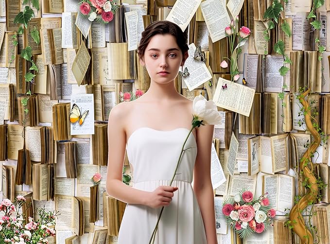 8x8ft Vintage Bookshelf Background Books Pink Flowers Weeding Decor Photo Backdrop Girls Party Kids Baby Shower Birthday Baby Shower Photo Studio Props KUBDJ731