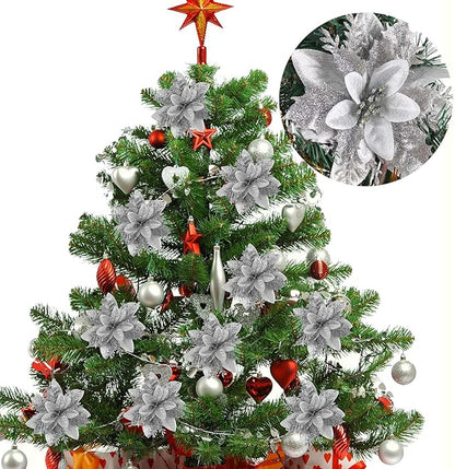 RECUTMS 10 Pcs Christmas Glitter Artificial Poinsettia Flowers 6inch Christmas Wreath Christmas Tree Flowers Ornaments Holiday Seasonal Decorations (Silver, 6inch)