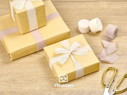 Vitalizart Chiffon Silk Ribbon 1" x 21 Yd Nude & White Fringe Fabric Package (3 Rolls * 7 Yd) for Wedding Invitations Bridal Bouquets Decorations Gifts Wrapping & Bow Making