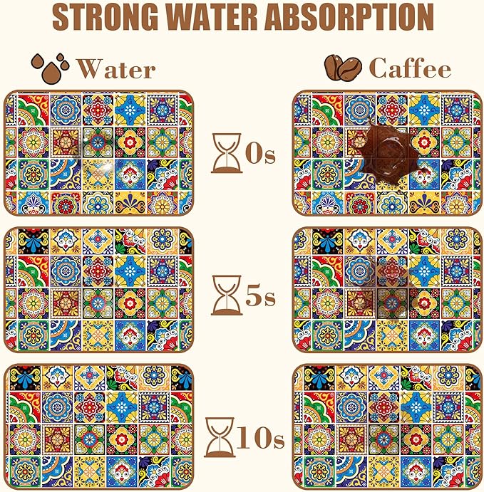 Talavera Mexican Tiles Dish Drying Mat for Kitchen Counter Bar Mat Hide Stain Absorbent Rubber Backed Coffee Mat Maker Espresso Machine Bar Accessories 11.8 x 19.7 Inch