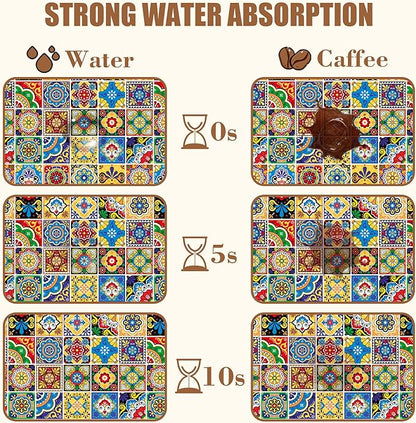 Talavera Mexican Tiles Dish Drying Mat for Kitchen Counter Bar Mat Hide Stain Absorbent Rubber Backed Coffee Mat Maker Espresso Machine Bar Accessories 11.8 x 19.7 Inch