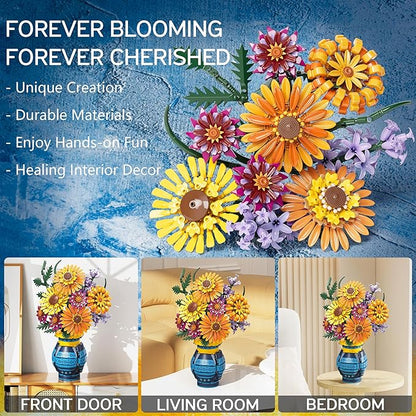 Flower Bouquet Building Blocks Set with Vase, Women Men Teen Girls Gifts for Christmas, 1065PCS Sunflower Botanical Collection Artificial Flower Decor Birthday Gifts for Her Him Wife Mom Grandma Adult