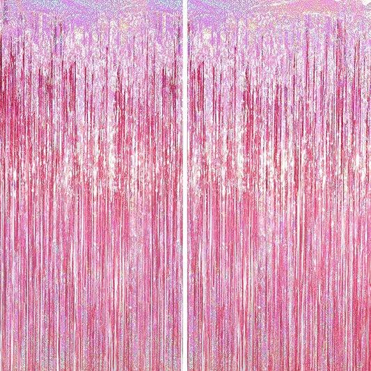 2 Pack Laser Pink Tinsel Foil Fringe Curtains, Mothers Day Pink Decorations, Metallic Tinsel Party Streamers Backdrop for Birthday Bachelorette Graduation Wedding Party Decorations