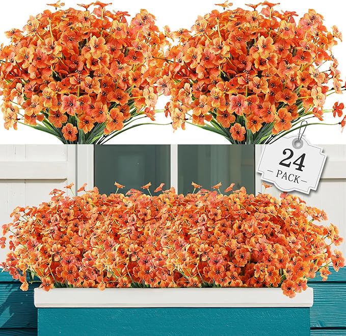 AGIRL 24 Bundles Artificial Fall Flowers Outdoor Indoor Decoration,Fake Plastic Flowers,Faux Mums Plant for Thanksgiving Fall Decor,for Hanging Outside Garden Front Door Porch Patio Window Box