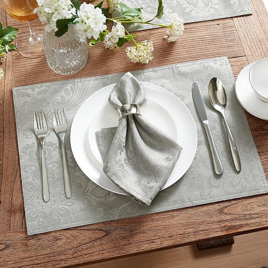 Elrene Home Fashions Caiden Elegance Damask Waterproof, Stain & Wrinkle Resistant Fabric Placemats (Set of 4), 13" x 19", Silver
