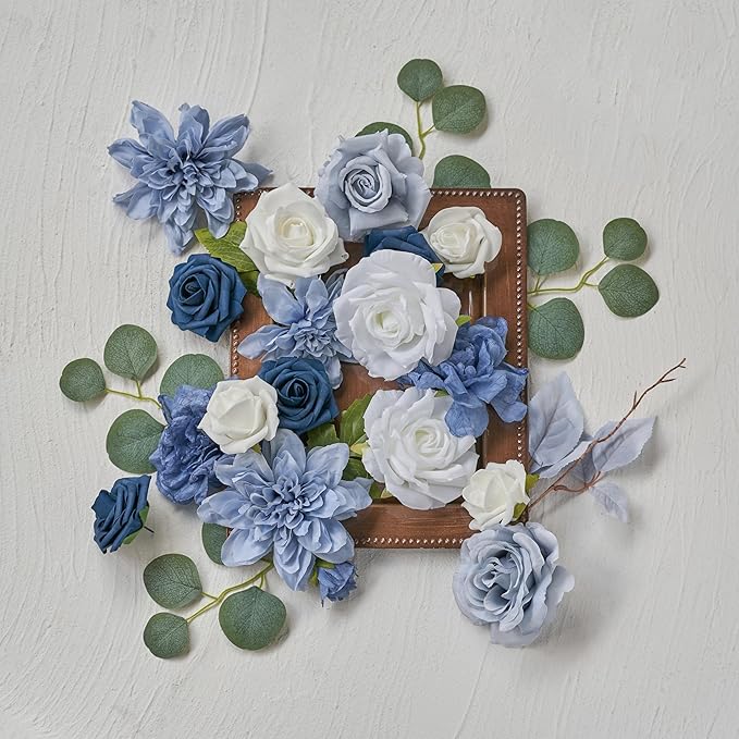 Artificial Flowers, Artificial Rose 25pcs for DIY Wedding Bouquets Centerpieces Arrangements, Navy Blue Foam Roses with Stems for Bridal Shower Party Home Decorations