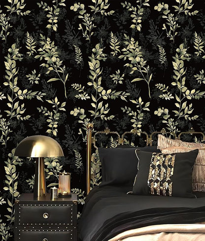 Peel and Stick Wallpaper Boho Leaf Removable Wallpaper Black Textured Renter Friendly for Bathroom Botanical Floral Self Adhesive Contact Paper for Cabinet Countertop 17.5 x 118 in