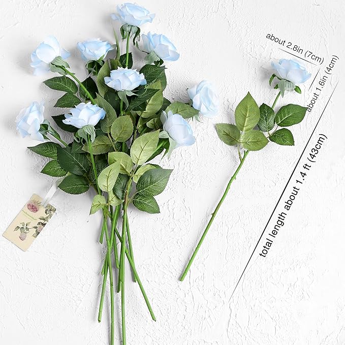 FiveSeasonStuff 12 Stems Artic ICY Blue Artificial Flowers Real Touch Silk Roses for Wedding Decoration, Packed in Gift Box