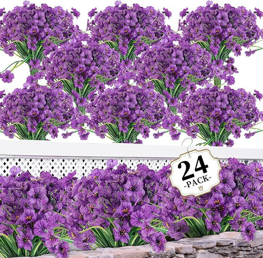 24 Purple Bundles Artificial Flowers for Outdoors/Indoors Fake Flowers Plants for Indoor Outside Garden Porch Window Box Home Wedding Farmhouse