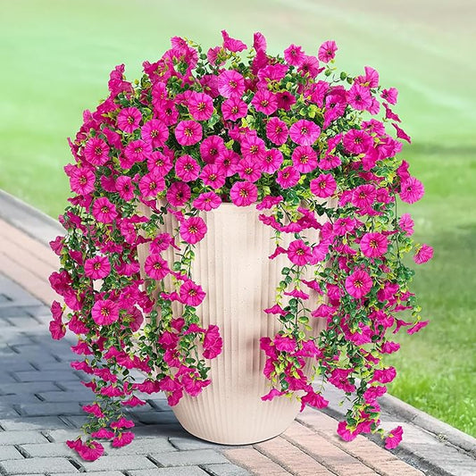 Artificial Hanging Flowers for Outdoor, 2pcs Fake Plants Long Vine Morning Glory Eucalyptus, UV Resistant Realistic Faux Greenery Indoor Outside Patio Porch Garden Spring Summer Decor, Light Purple
