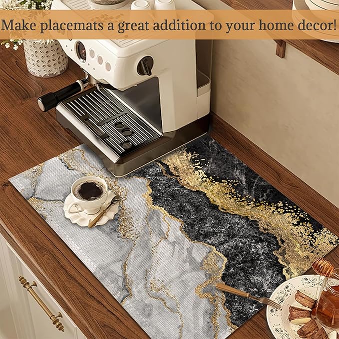 Black Gold Marble Placemats Set of 6 Washable Table Mats for Kitchen Dining Table,Heat-Resistant Place Mats for Indoor Outdoor Party Holiday Decoration