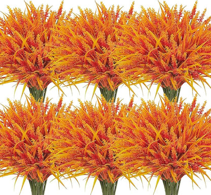 Ouddy Decor 24 Bundles Artificial Fall Flowers for Decorations, Fake Mums Faux Lavender Monkey Grass Plastic Plants UV Resistant for Garden Porch Farmhouse Autumn Harvest Thanksgiving Decor, Orange