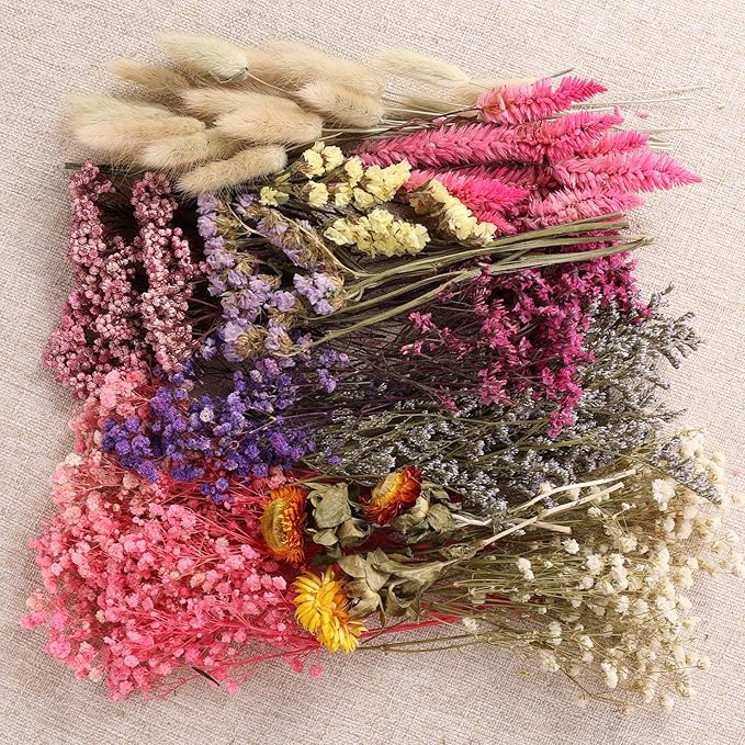 11 Kinds of Dried Flowers for Crafts Bulk DIY Natural Multi-color Dried Pampas Grass Lavender Forget Me Not Babys Breath with Stems Dry Flower Bouquets with Hemp Rope for Home Decor Floral Arrangement