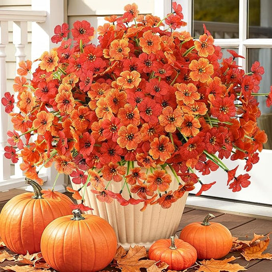MACTING 24 Bundles Artificial Fall Flowers for Outdoors Faux Mums Outdoor Plants UV Resistant Fake Silk Flowers for Planters Patio Garden Porch Indoor Outside Autumn Thanksgiving Decor,Orange & Red