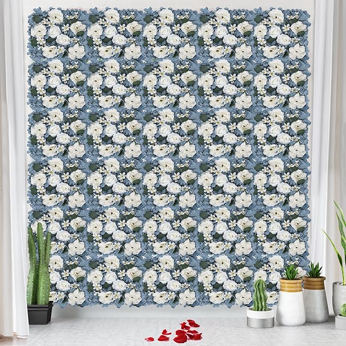 Pack of 12 Artificial Silk Flower Panels, Faux Floral Wall Background for Wedding Party Engagement Bridal Shower Arrangement Home Decorations - Dusty Blue & White