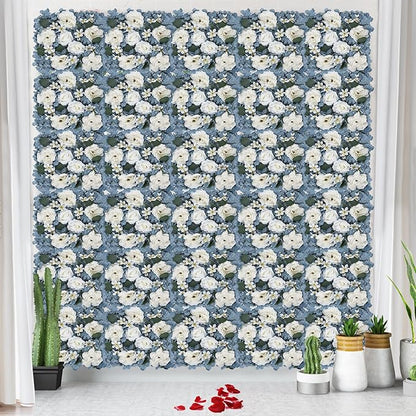 Pack of 6 Artificial Silk Flower Panels, Faux Floral Wall Background for Wedding Party Engagement Bridal Shower Arrangement Home Decorations - Dusty Blue & White