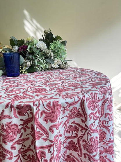 ATOSII Red Bloom 100% Cotton Round Boho Fall Tablecloth, Handblock Floral Table Cloth Linen for Kitchen Dining I Parties Wedding Outdoors Easter Thanksgiving I Fall Home Decor 60" Inches Round