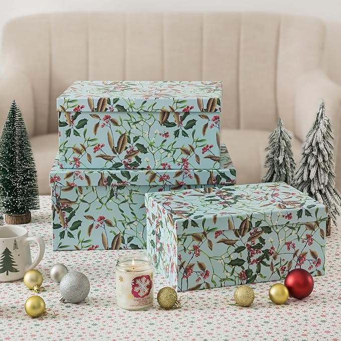 Soul & Lane Winter Berries Cardboard Boxes - Set of 3: Decorative Storage Boxes with Lids, Paper Mache Cardboard Nesting Containers, Christmas Winter Photo Cartons, Stacking Gift Wrap Storage