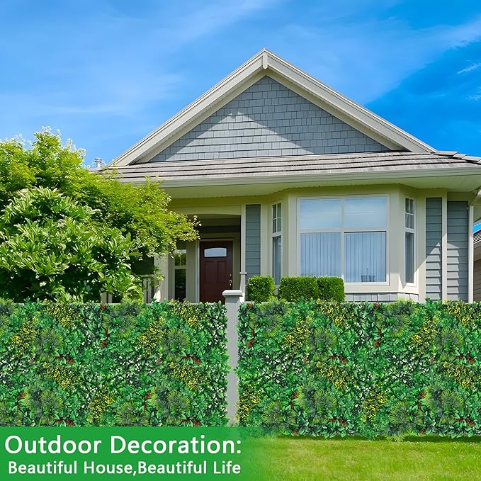 Artificial Grass Wall Panels, 20''x20'' 16pcs Boxwood Wall Panels with Tropical Leaves, Faux Greenery Privacy Fence Screen, Grass Backdrop for Outdoor Indoor Garden Birthday Wedding Decor