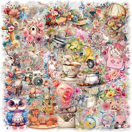 57 Pcs Vintage Watercolor Floral Stickers,Aesthetic PET Transparent Flowers Sticker Waterproof Decorative Decals for Journaling, Decoupage, Planners, laptops, Phone Case, Gift & Card Making