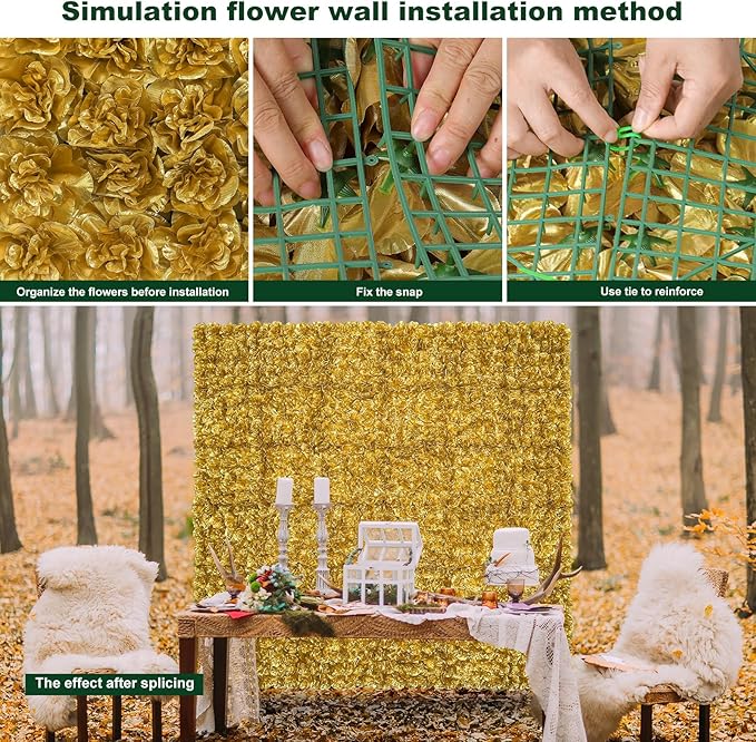 Flower Wall Backdrop12 pcs 16.5x16.5 Inch Floral Wall Panel Artificial Silk Rose Wall Decor Ideal for Wedding Celebrations, Festive Party Backdrops, and Home Decor-Gold