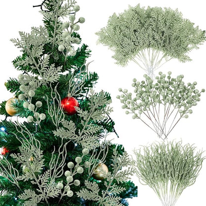 75 Pcs Christmas Glitter Branches 3 Styles Artificial Christmas Picks Berries Stems Pine Needles Floral Twig Spray for Xmas Tree Ornaments DIY Wreath Garland(Light Green)