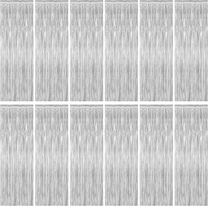 12 Pack Silver Backdrop. 3.28 FT x 7.05 FT Birthday Decorations, Metallic Silver Fringe Backdrop Foil Curtains Tinsel, Disco Party Decor Photo Booth Props Door Decorations Hanging