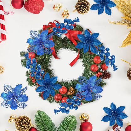 24Pcs Royal Blue Glitter Poinsettia Christmas Tree Ornaments and Glitter Berries Stems, 16Pcs Christmas Artificial Flowers and 8 Pack Christmas Tree Picks for Wedding Holiday Decorations