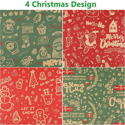 Anvure Christmas Wrapping Paper (4 Rolls: 93 sq. ft. ttl.) Kraft Set Featuring Santa Claus, Snowman & Xmas Presents, Red & Green Holiday Designs for All Gift Wrap Needs 17 Inch X 16.4 Feet Per Roll