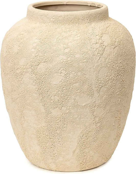 Handcrafted Moon Jar Ceramic Vase - Textured Beige Spherical Pottery - Minimalist Wabi-Sabi Home Decor - Natural Finish Round Vase [11.8" W x 12.6" H]