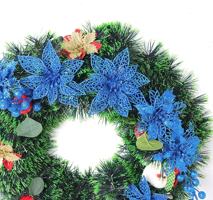 Zhuqing 22Pcs Christmas Poinsettia Artificial Flowers and Glitter Berries Stems Kit, 16Pcs Christmas Tree Flowers Ornaments and 6 Pack Christmas Tree Picks for Wedding Holiday Decorations (Royal Blue)
