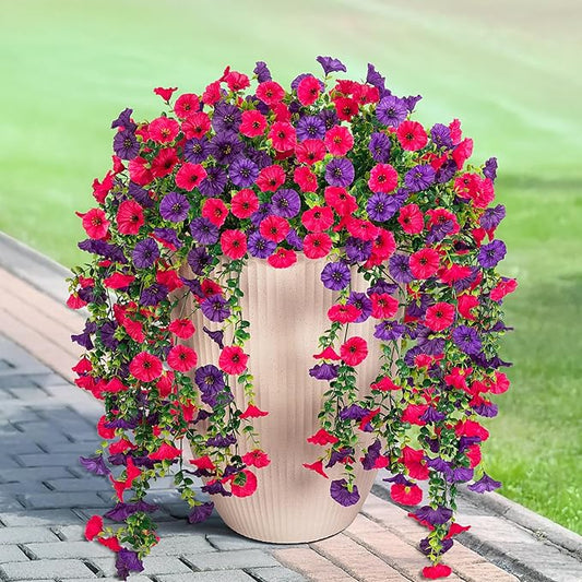 Artificial Hanging Flowers for Outdoor, 2pcs Fake Plants Long Vine Morning Glory Eucalyptus, Spring Summer UV Resistant Realistic Faux Greenery Indoor Outside Patio Porch Garden Decor, Rose Purple
