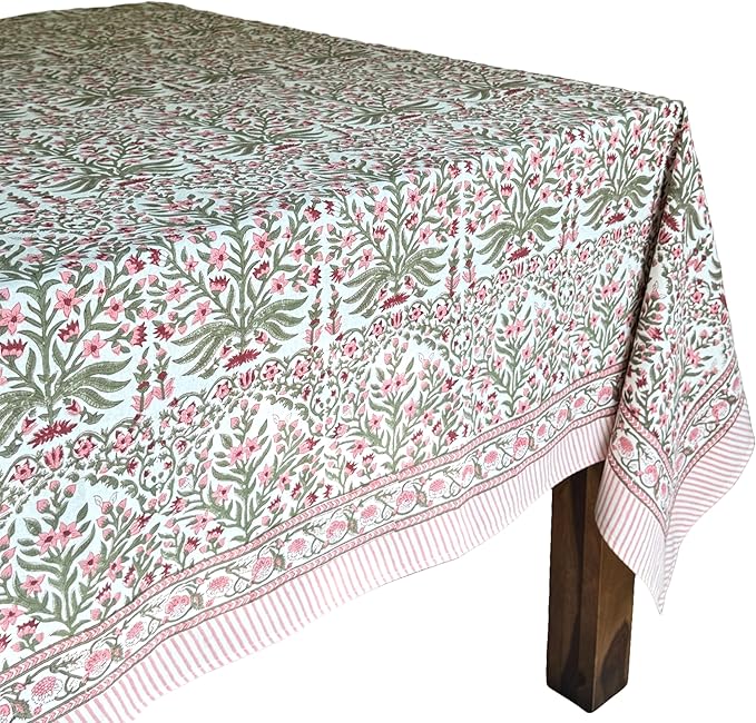 ATOSII Nargis Pink 100% Cotton Rectangle Spring Tablecloth, Handblock Floral Print Linen Table Cloth for Kitchen Dining I Parties, Outdoors, Weddings, Summer I 72 X 108 Inches I 8 Seater