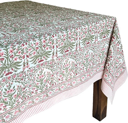 ATOSII Nargis Pink 100% Cotton Rectangle Spring Tablecloth, Handblock Floral Print Linen Table Cloth for Kitchen Dining I Parties, Outdoors, Weddings, Summer I 72 X 108 Inches I 8 Seater