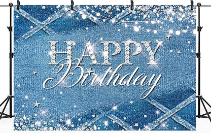 Riyidecor Denim Diamonds Birthday Backdrop for Women Navy Blue Silver Modern Luxury Crystal Sparkle Shining 7Wx5H Feet Girls Photography Background Happy Birthday Photo Studio Shoot Polyester Fabric