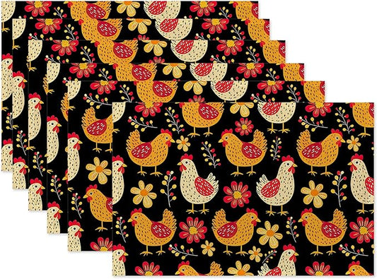 Cute Roosters Placemat Set of 6,Flower Heat Resistant Linen Table Mats for Indoor Outdoor Home Kitchen Dining Room Table 12x18Inch