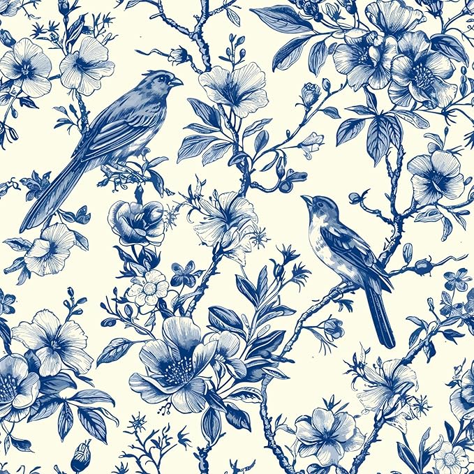 Floral Peel and Stick Vintage Animal Wallpaper Blue Bird Removable Botanical Leaf 17.7" x 236.22" Wall Paper Watercolor Self Adhesive Contact Paper for Classroom Bedroom Laundry Room Bathroom