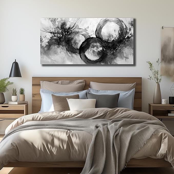 JuhaiArt Black Wall Art Large Abstract Picture Wall Decor White Canvas Art Circle Modern Artwork for Living Room Office 24"x 48"