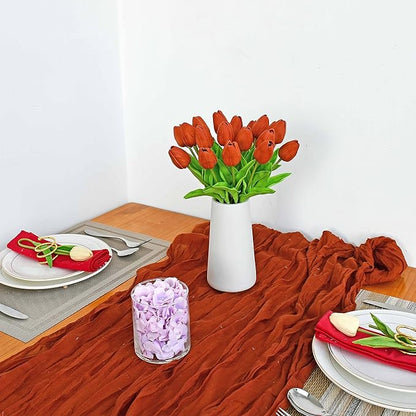 Mandy's Artificial Tulips 20 Stems Dark Orange PU Faux Flowers for Thanksgiving and Christmas Decorations Wedding Home Decor 13.5 Inch