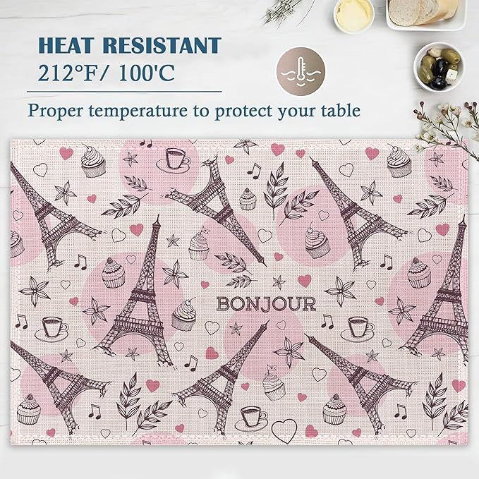Funny Paris Tower Placemats Set of 4, Sweet Cakes Place Mats Non-Slip Heat Resistant Washable Placemat for Party Kitchen Dining Table Decoration Indoor Outdoor 12x18 Inch