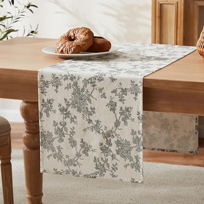 100% Cotton French Pastoral Table Runners, 13x90 Inch Black Farmhouse Table Runners 90 Inches Long, Vintage Flowers Print Home Decors
