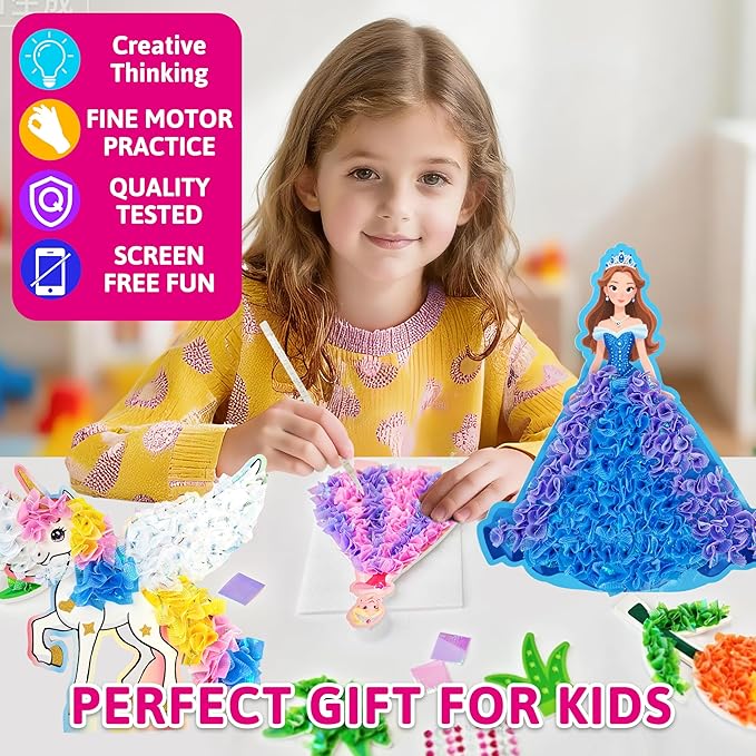 AGENTLAN Poke Art Princess Kit for Kids, DIY Craft Kits with Magical Princesses & Unicorn, Mess-Free Fabric Arts and Crafts, Fun & Easy Kits for Kids, Birthday Gifts for Ages 4 5 6 7 8+