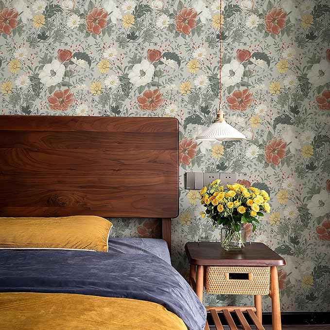 Simon&Siff Vintage Wallpaper Peel and Stick Modern Floral Wall Paper Farmhouse Botanical Contact Paper Removable Renter Friendly Wallpaper for Cabinets Countertop Wall 400" x 17.3"