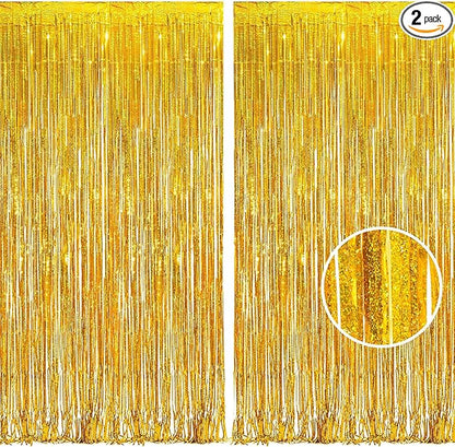 BRAVESHINE Gold Tinsel Foil Fringe Curtains - 2Pcs 3.2x8.2ft Holidays Photo Backdrop for Men 60th Birthdays/Bridal Wedding/Engagement/Anniversary/Hawaiian/Luau/Christmas/New Years Party Decorations