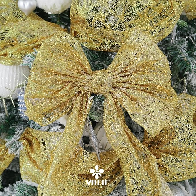 MEEDEE 6 Inch Wide Wired Ribbon Gold Glitter Mesh Web Wired Edge Ribbon by 10 Yards Roll Gold Mesh Wired Ribbons for Christmas Tree, Garland, Holiday Crafts, Wreaths, Bows, Centerpiece, Gift Wrapping