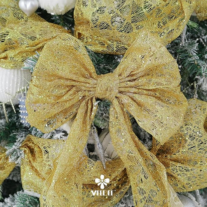 MEEDEE 6 Inch Wide Wired Ribbon Gold Glitter Mesh Web Wired Edge Ribbon by 10 Yards Roll Gold Mesh Wired Ribbons for Christmas Tree, Garland, Holiday Crafts, Wreaths, Bows, Centerpiece, Gift Wrapping