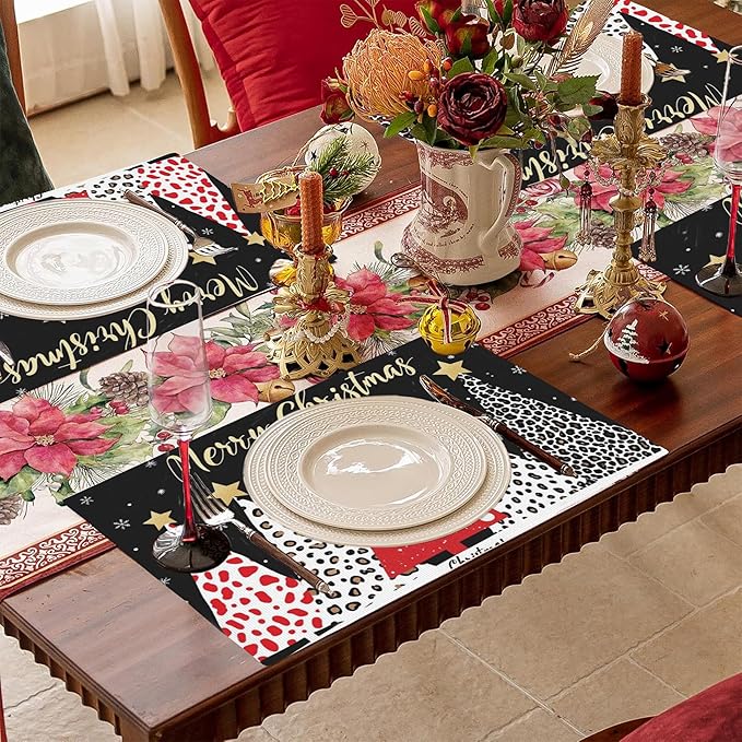 Merry Christmas Placemats Set of 4,Christmas Tree Placemats Dining Table Mat Set,12x18 Washable Stain Resistant Wipeable Cloth Placemat for Kitchen Buffet Parties