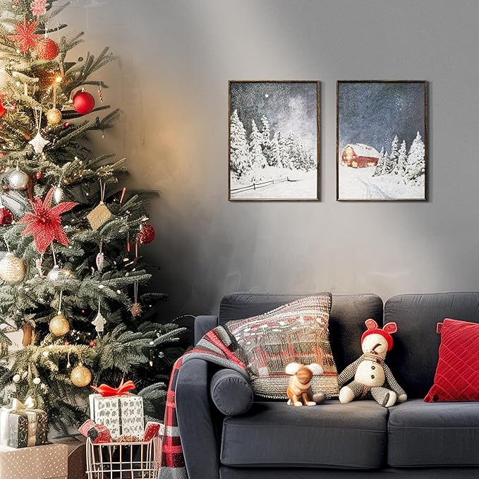 ArtbyHannah Framed Christmas Canvas Wall Art Decor Set of 2, Xmas Pictures Prints Paintings for Living Room Bedroom, Winter Holiday Home Indoor Decorations with Red House and Tree (12x16 Inch)