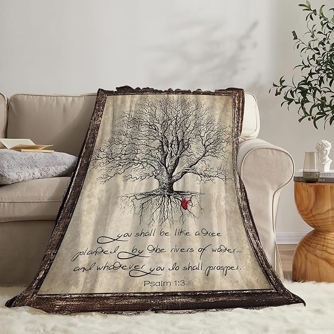 Christian Bible Tree of Life Throw Blanket - Religious Gifts and Decor for Women Men Adults - Soft Warm Cozy Fleece for Couch Sofa Bed 60"x50"